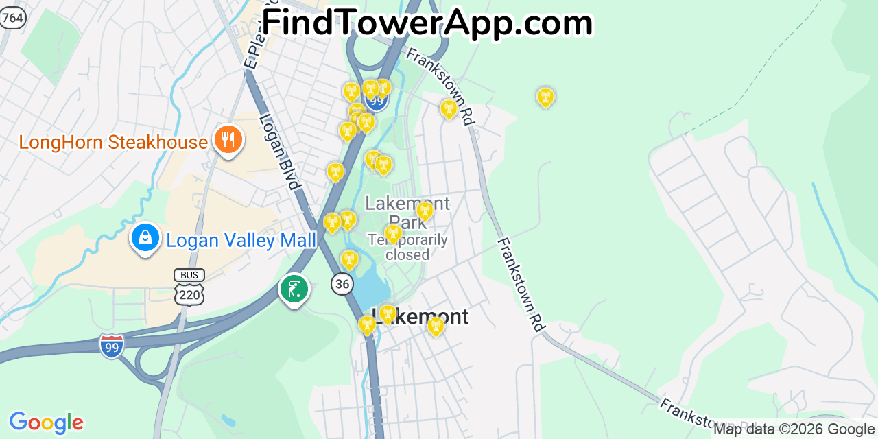 Map showing the 20 primary cell tower locations detected in Lakemont, Pennsylvania from AT&T, Verizon, and T-Mobile networks