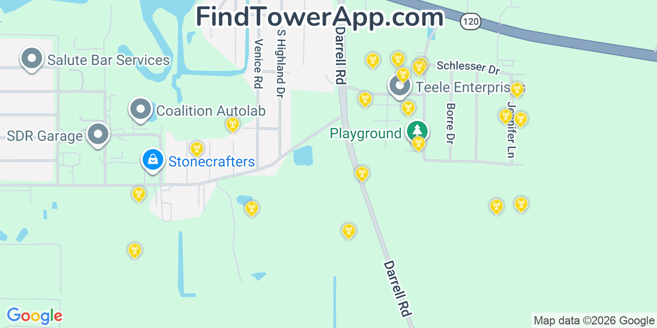 Map showing the 20 primary cell tower locations detected in Lakemoor, Illinois from AT&T, Verizon, and T-Mobile networks