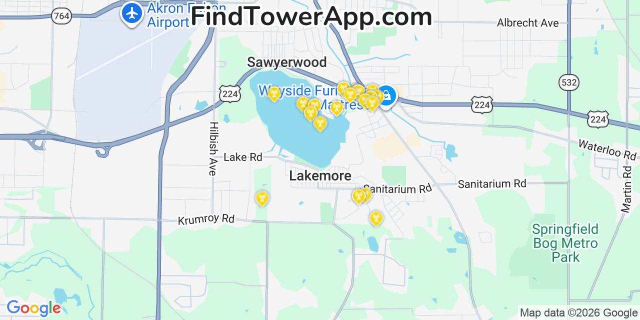 Map showing the 20 primary cell tower locations detected in Lakemore, Ohio from AT&T, Verizon, and T-Mobile networks