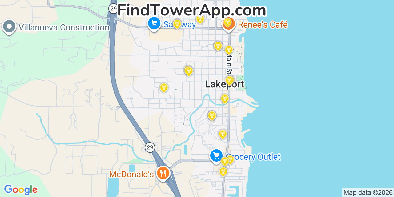Map showing the 20 primary cell tower locations detected in Lakeport, California from AT&T, Verizon, and T-Mobile networks
