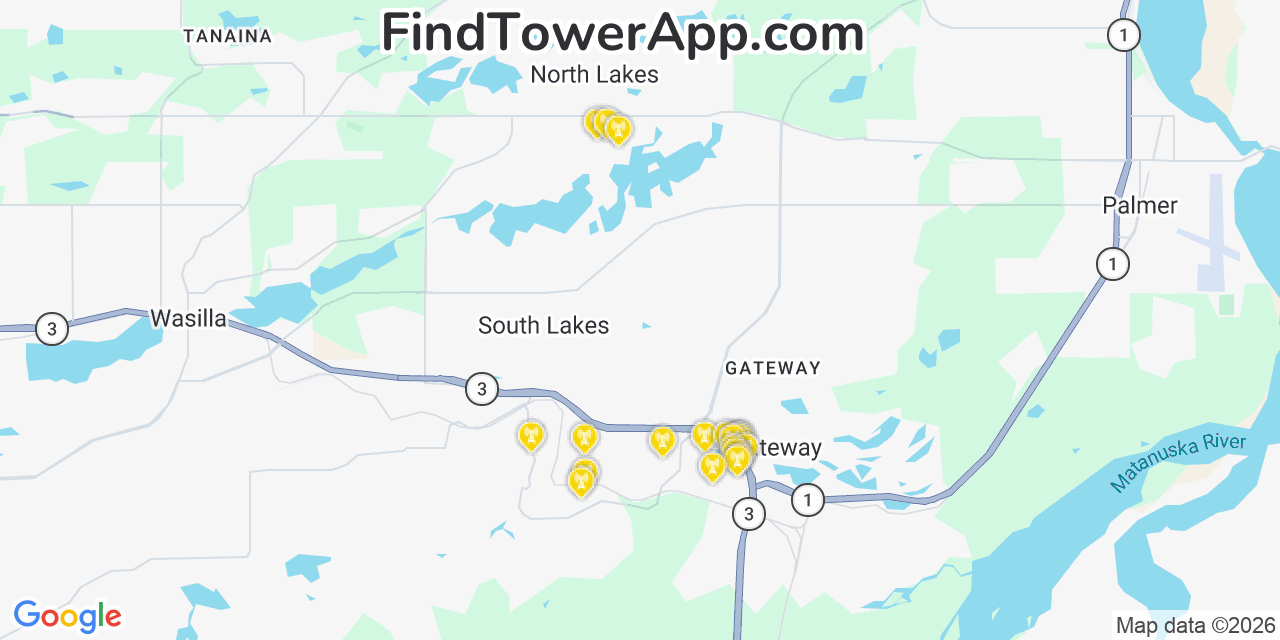 Map showing the 20 primary cell tower locations detected in Lakes, Alaska from AT&T, Verizon, and T-Mobile networks