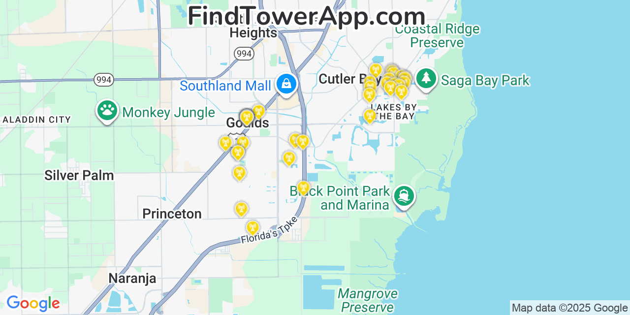 Map showing the 34 primary AT&T cell tower locations detected in Lakes By The Bay, Florida with coverage radius and signal strength indicators