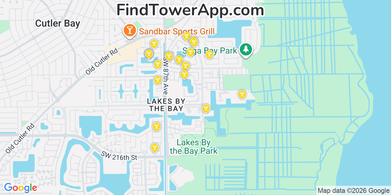 Map showing the 20 primary cell tower locations detected in Lakes By The Bay, Florida from AT&T, Verizon, and T-Mobile networks