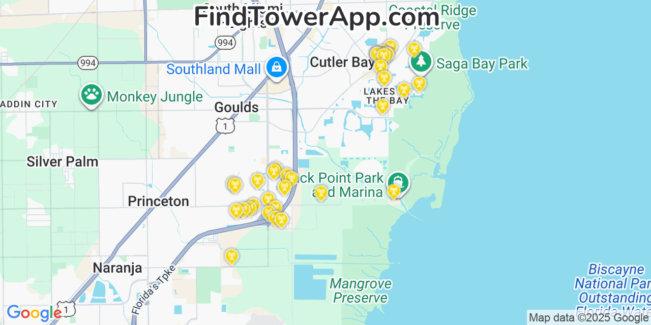 Map showing the 34 primary T-Mobile cell tower locations detected in Lakes By The Bay, Florida with coverage radius and signal strength indicators