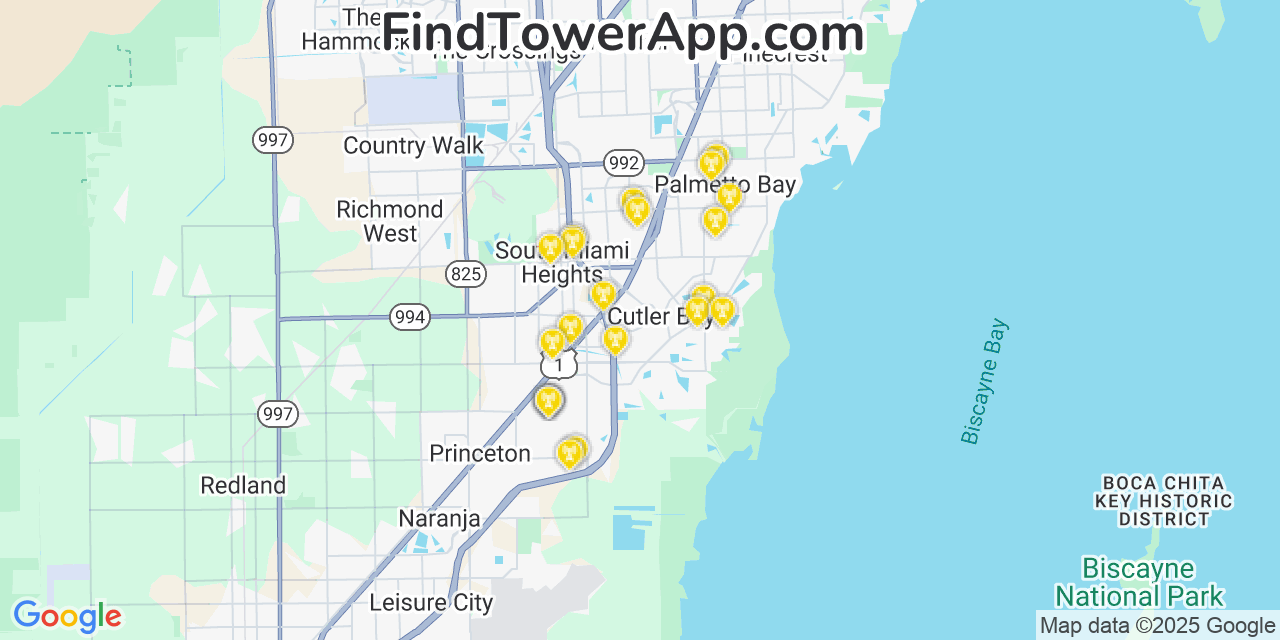 Map showing the 23 primary Verizon cell tower locations detected in Lakes By The Bay, Florida with coverage radius and signal strength indicators