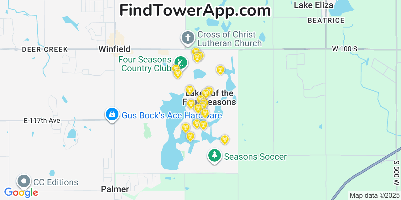 Map showing the 20 primary AT&T cell tower locations detected in Lakes Of The Four Seasons, Indiana with coverage radius and signal strength indicators