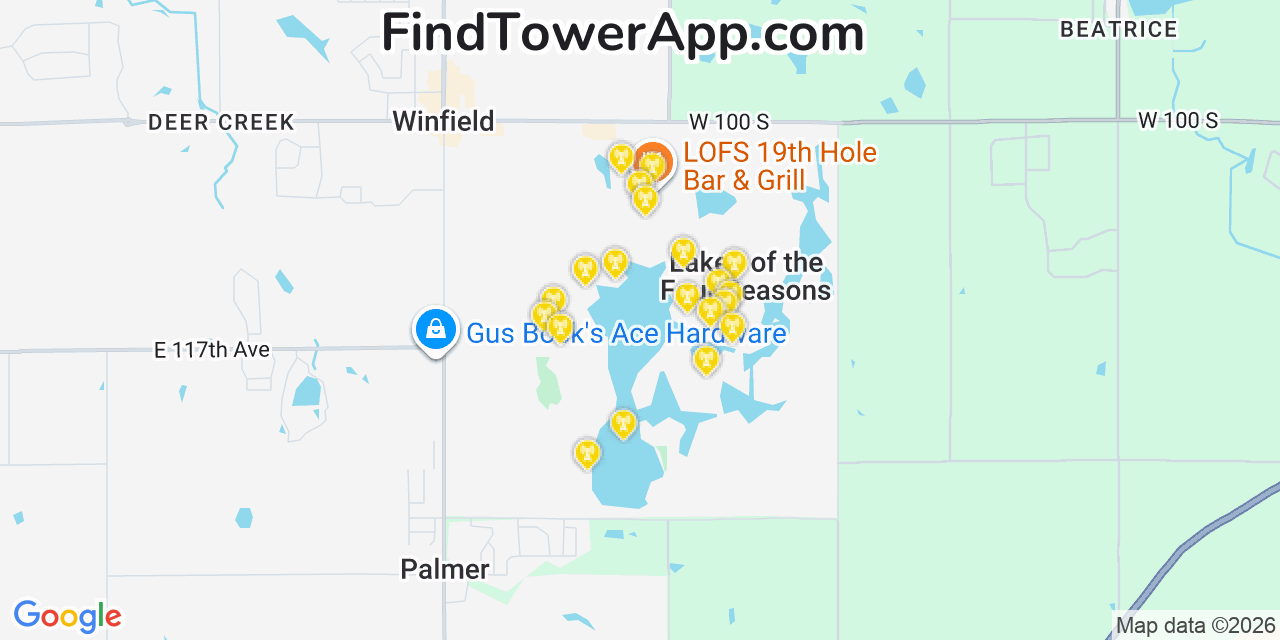 Map showing the 20 primary cell tower locations detected in Lakes Of The Four Seasons, Indiana from AT&T, Verizon, and T-Mobile networks
