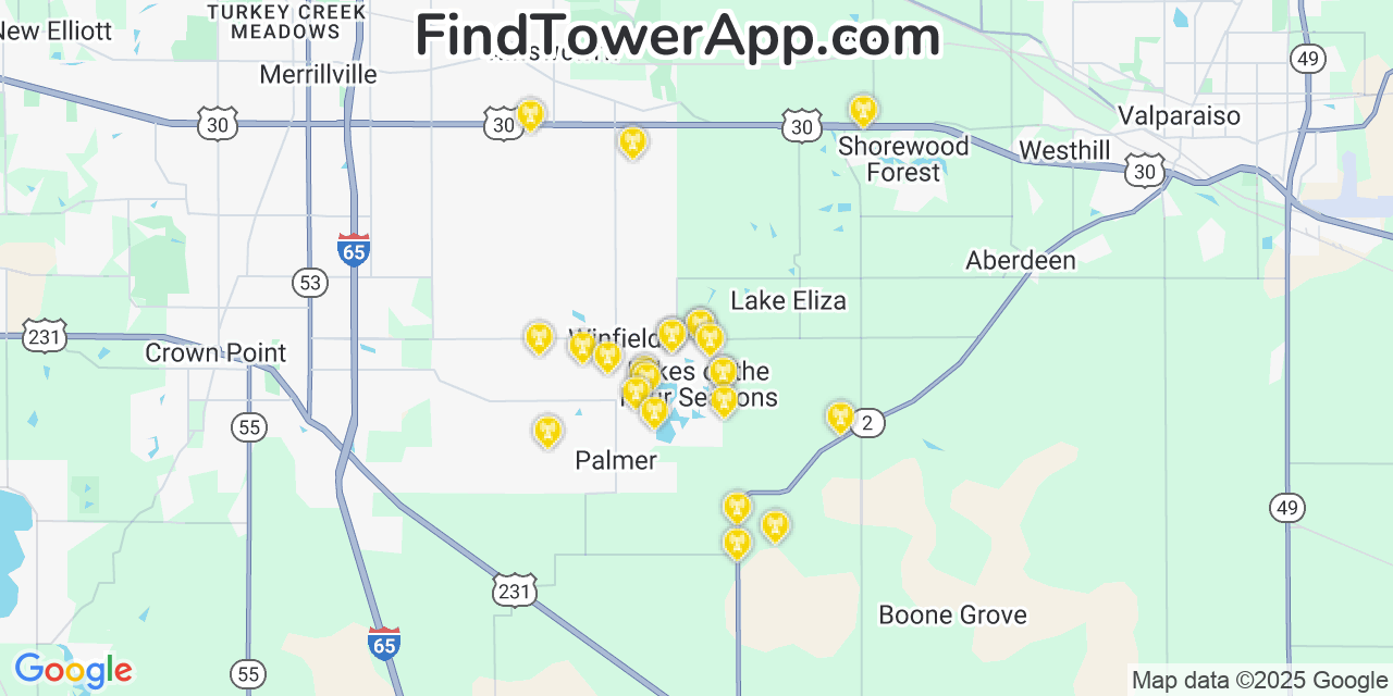 Map showing the 25 primary T-Mobile cell tower locations detected in Lakes Of The Four Seasons, Indiana with coverage radius and signal strength indicators
