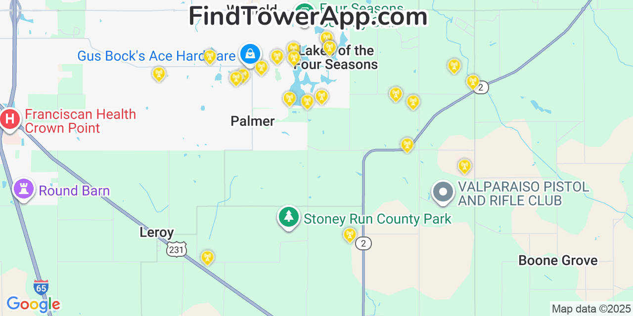 Map showing the 24 primary Verizon cell tower locations detected in Lakes Of The Four Seasons, Indiana with coverage radius and signal strength indicators