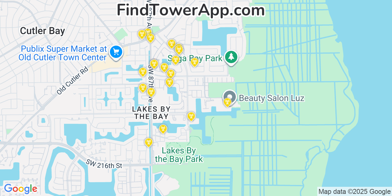Map showing the 20 primary cell tower locations detected in Lakes by the Bay, Florida from AT&T, Verizon, and T-Mobile networks