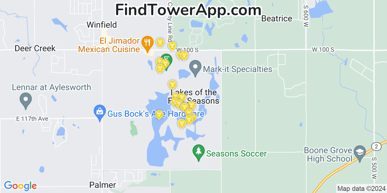 AT&T 4G/5G cell tower coverage map Lakes of the Four Seasons, Indiana