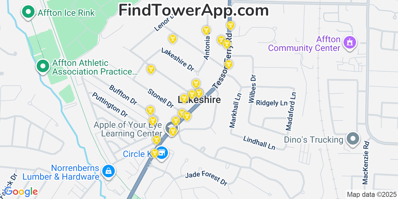 Map showing the 20 primary cell tower locations detected in Lakeshire, Missouri from AT&T, Verizon, and T-Mobile networks