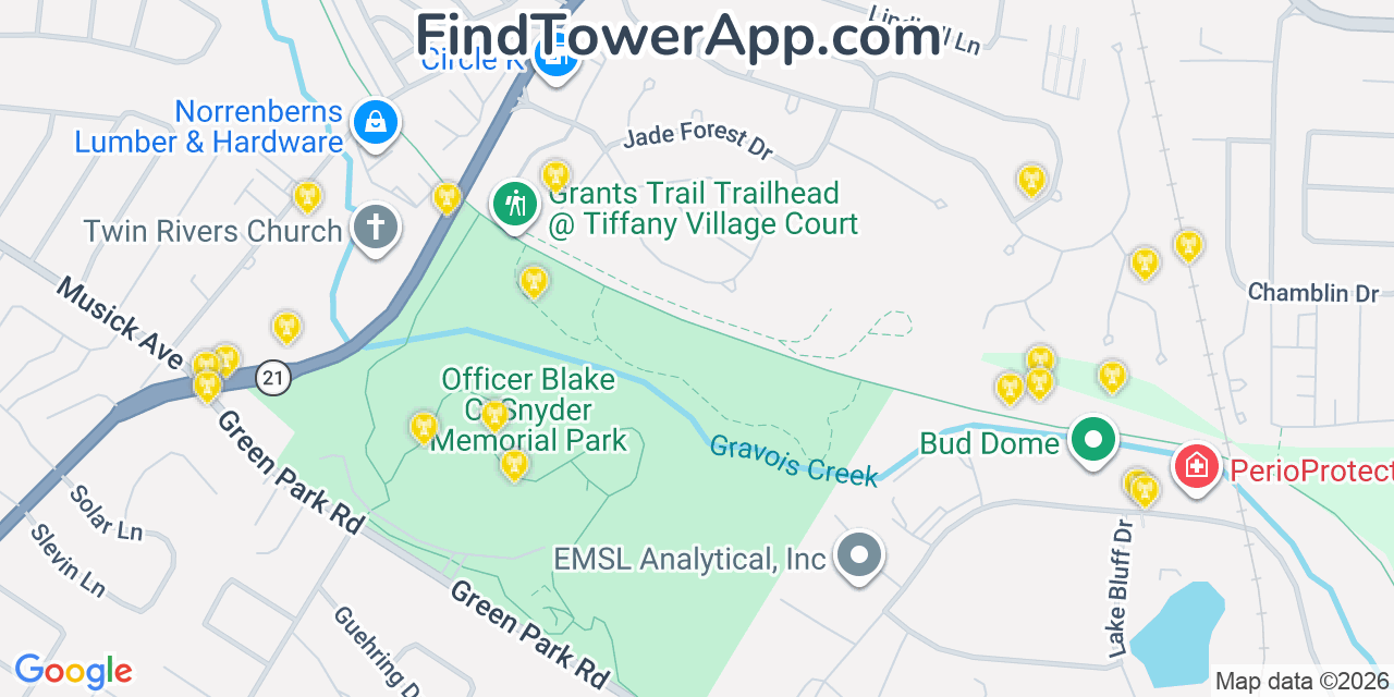 Map showing the 20 primary cell tower locations detected in Lakeshire, Missouri from AT&T, Verizon, and T-Mobile networks