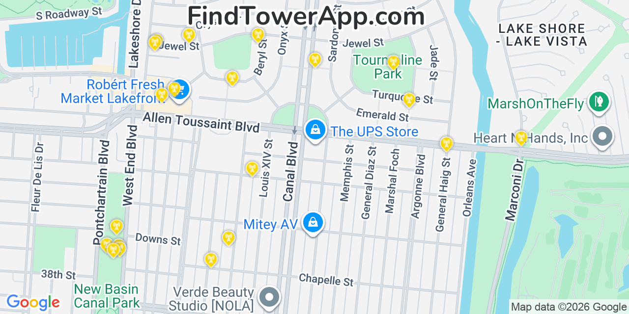 Map showing the 20 primary cell tower locations detected in Lakeshore, Louisiana from AT&T, Verizon, and T-Mobile networks