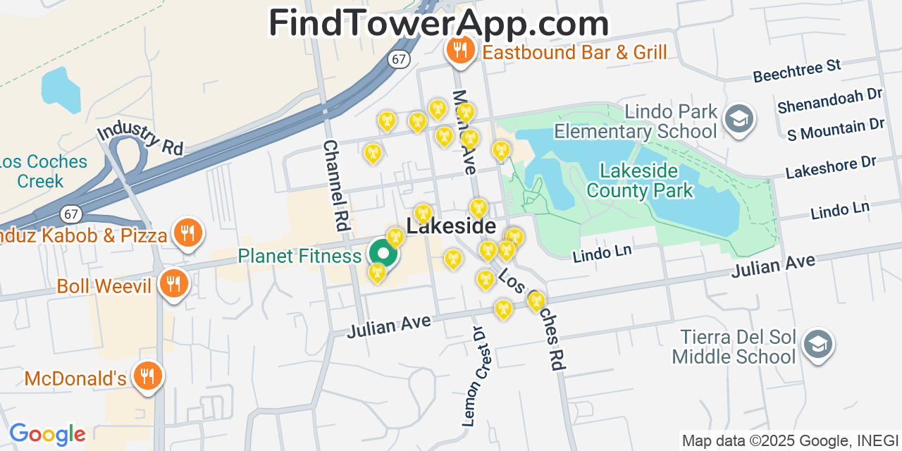 Map showing the 20 primary cell tower locations detected in Lakeside, California from AT&T, Verizon, and T-Mobile networks