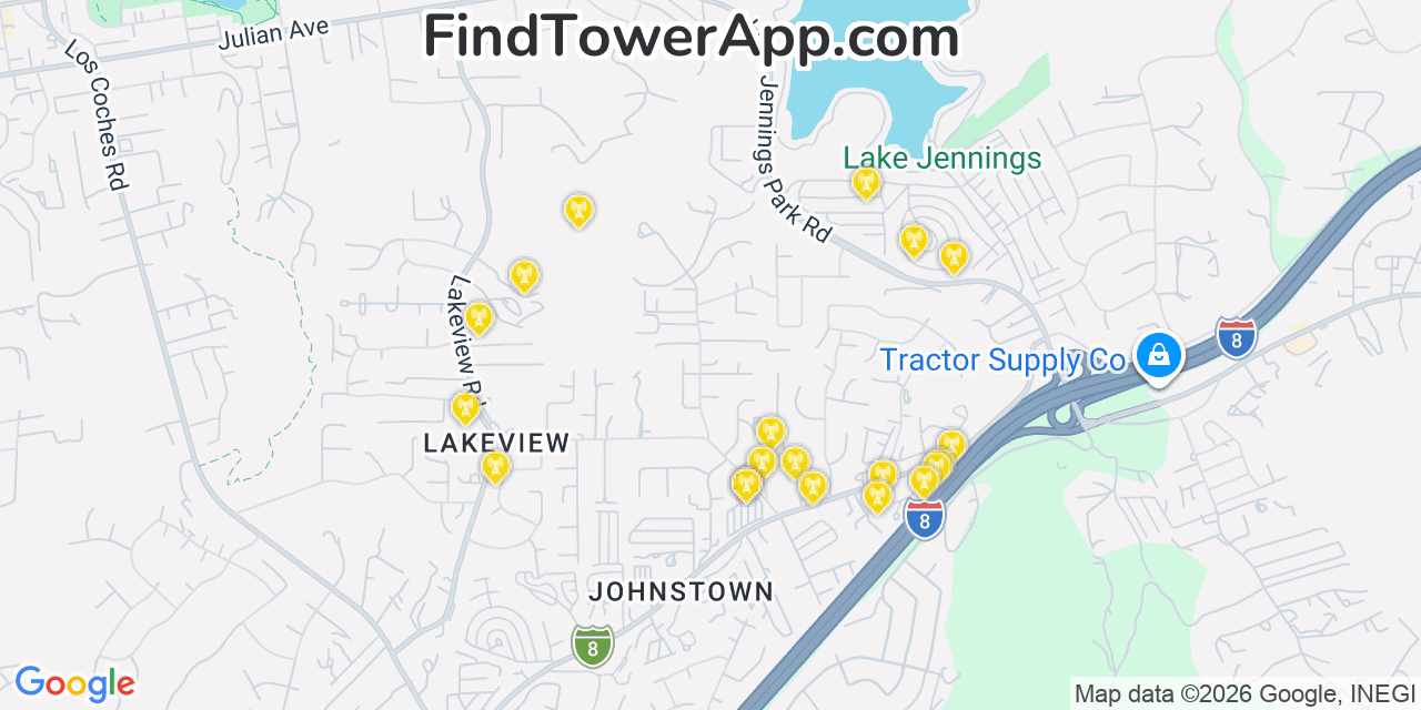 Map showing the 20 primary cell tower locations detected in Lakeside, California from AT&T, Verizon, and T-Mobile networks