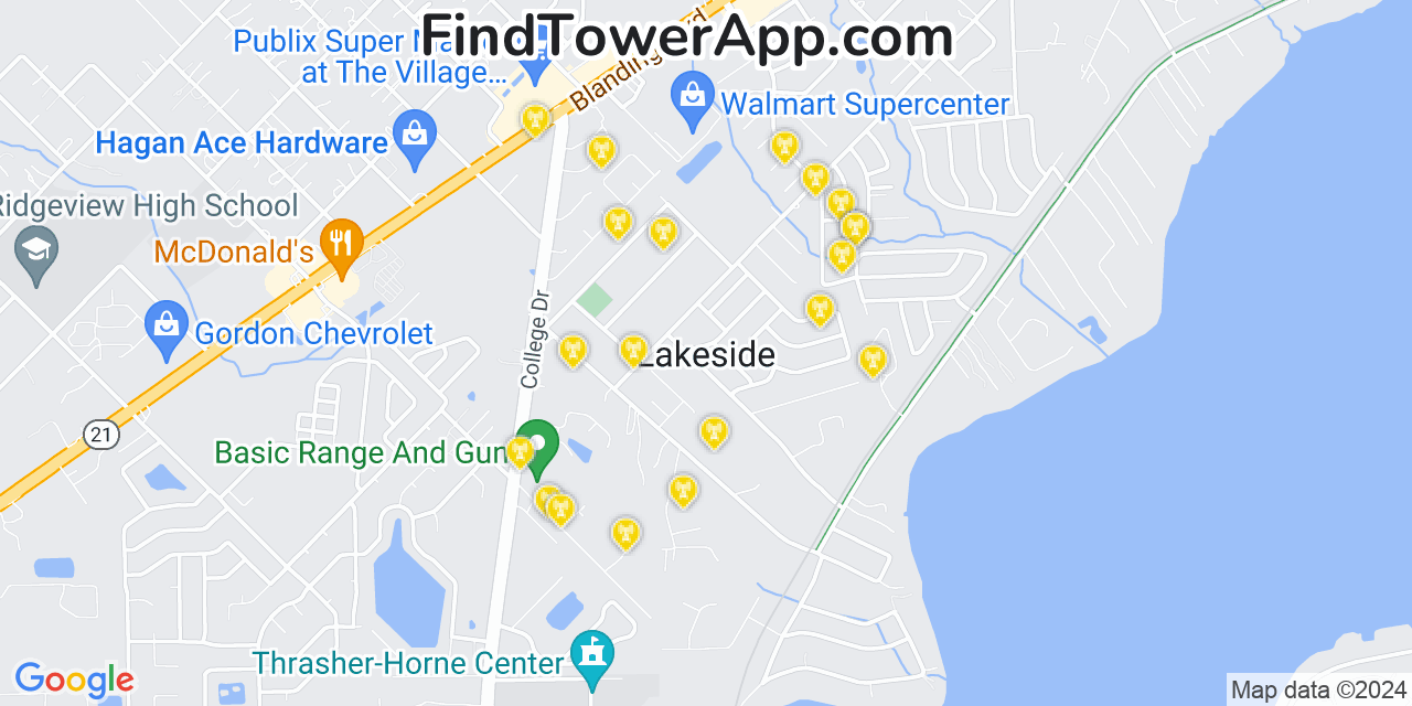 AT&T 4G/5G cell tower coverage map Lakeside, Florida