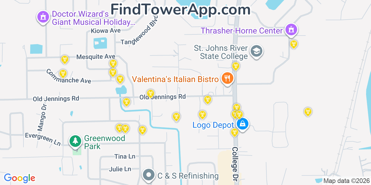Map showing the 20 primary cell tower locations detected in Lakeside, Florida from AT&T, Verizon, and T-Mobile networks