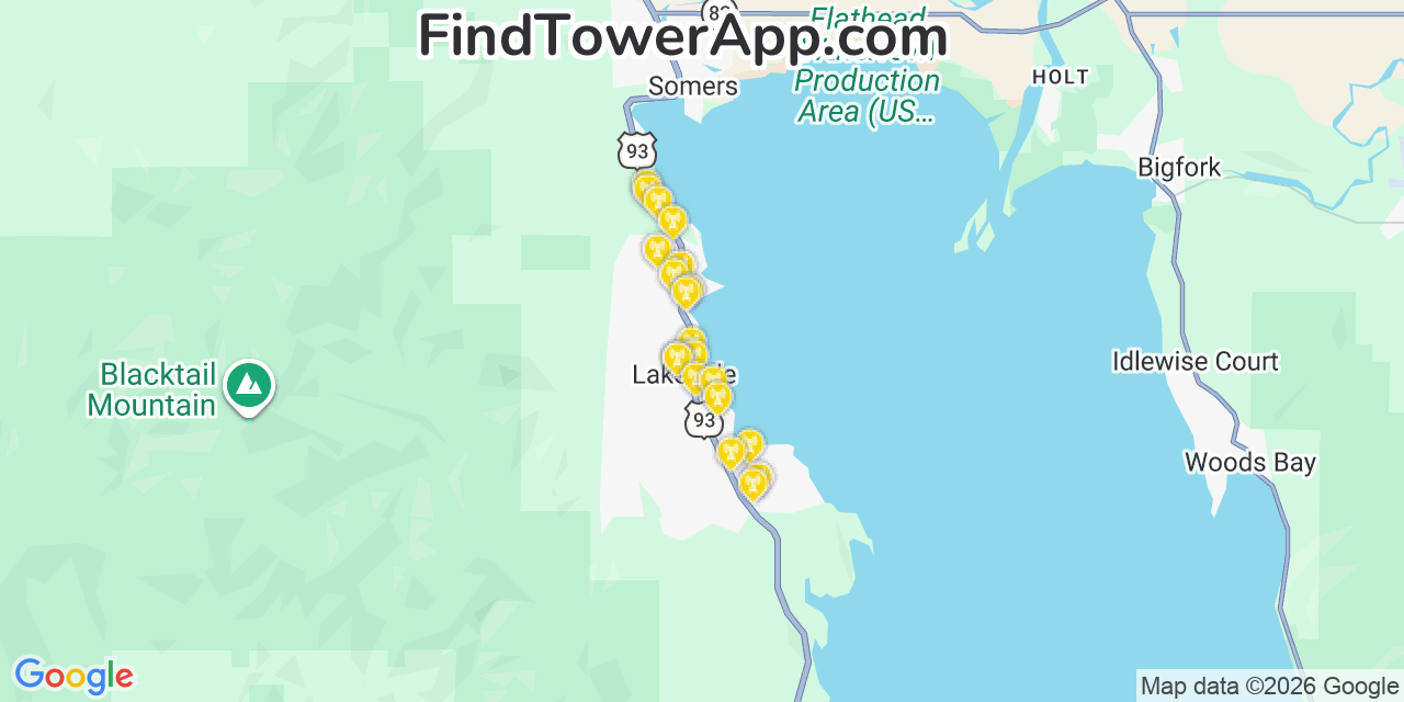 Map showing the 20 primary cell tower locations detected in Lakeside, Montana from AT&T, Verizon, and T-Mobile networks