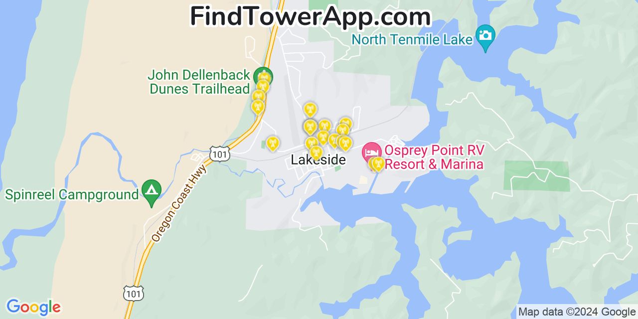 AT&T 4G/5G cell tower coverage map Lakeside, Oregon