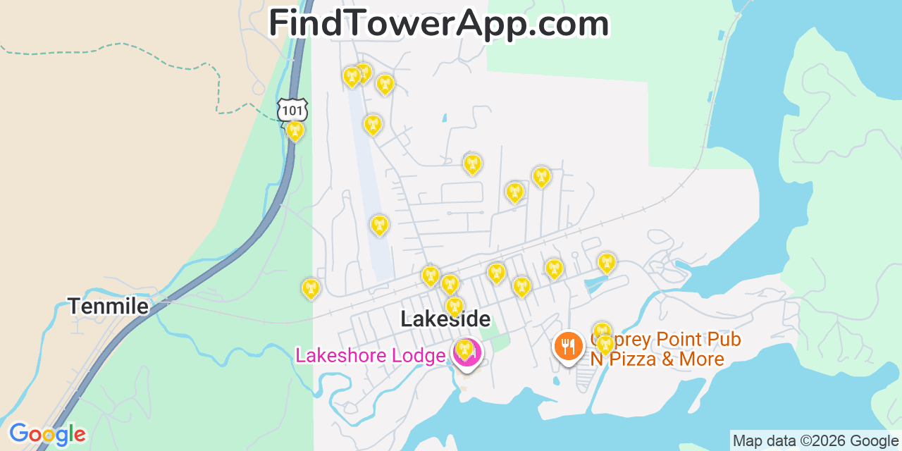 Map showing the 20 primary cell tower locations detected in Lakeside, Oregon from AT&T, Verizon, and T-Mobile networks