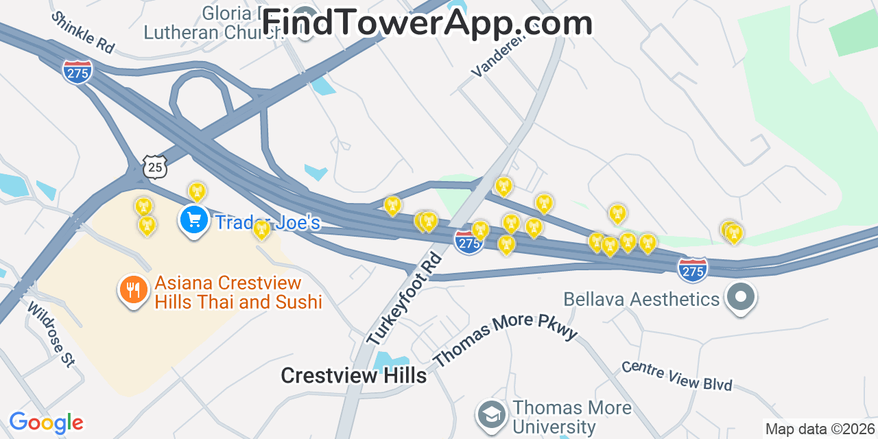 Map showing the 20 primary cell tower locations detected in Lakeside Park, Kentucky from AT&T, Verizon, and T-Mobile networks