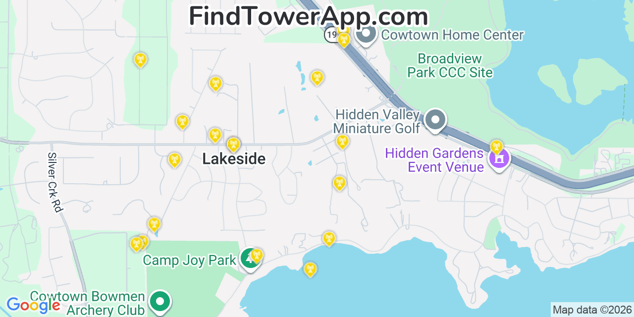 Map showing the 20 primary cell tower locations detected in Lakeside, Texas from AT&T, Verizon, and T-Mobile networks