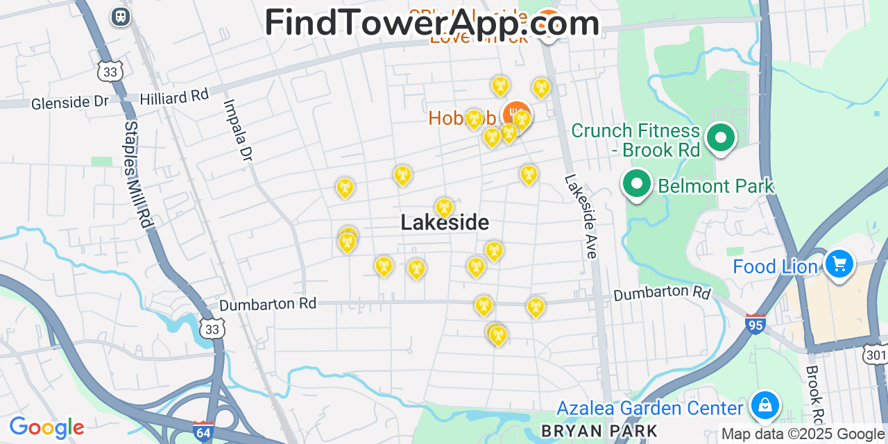 Map showing the 20 primary cell tower locations detected in Lakeside, Virginia from AT&T, Verizon, and T-Mobile networks
