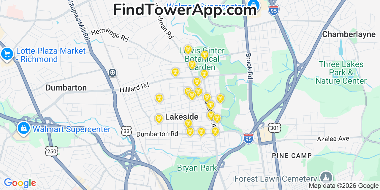 Map showing the 20 primary cell tower locations detected in Lakeside, Virginia from AT&T, Verizon, and T-Mobile networks
