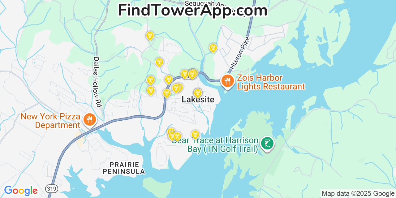 Map showing the 20 primary cell tower locations detected in Lakesite, Tennessee from AT&T, Verizon, and T-Mobile networks