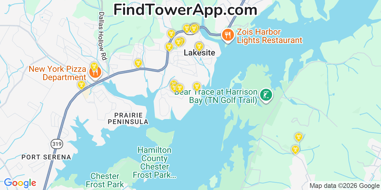 Map showing the 20 primary cell tower locations detected in Lakesite, Tennessee from AT&T, Verizon, and T-Mobile networks