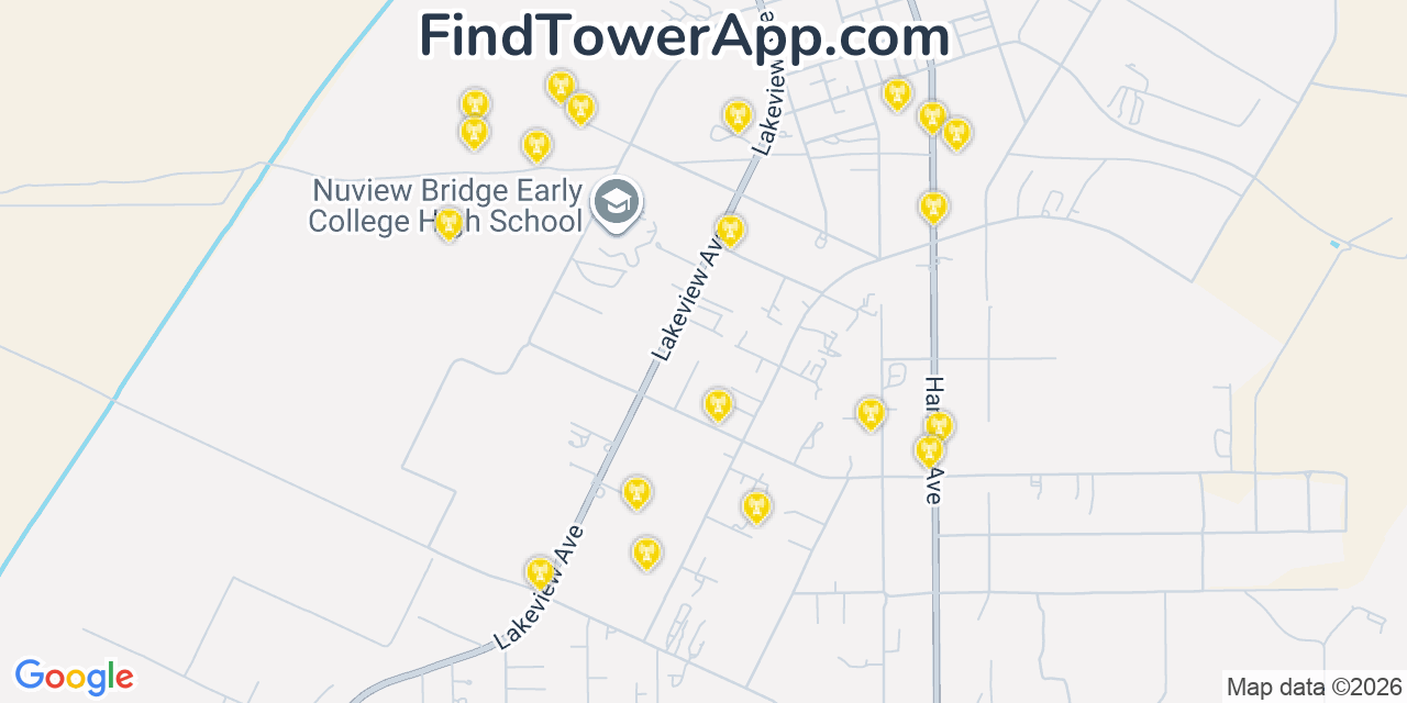 Map showing the 20 primary cell tower locations detected in Lakeview, California from AT&T, Verizon, and T-Mobile networks