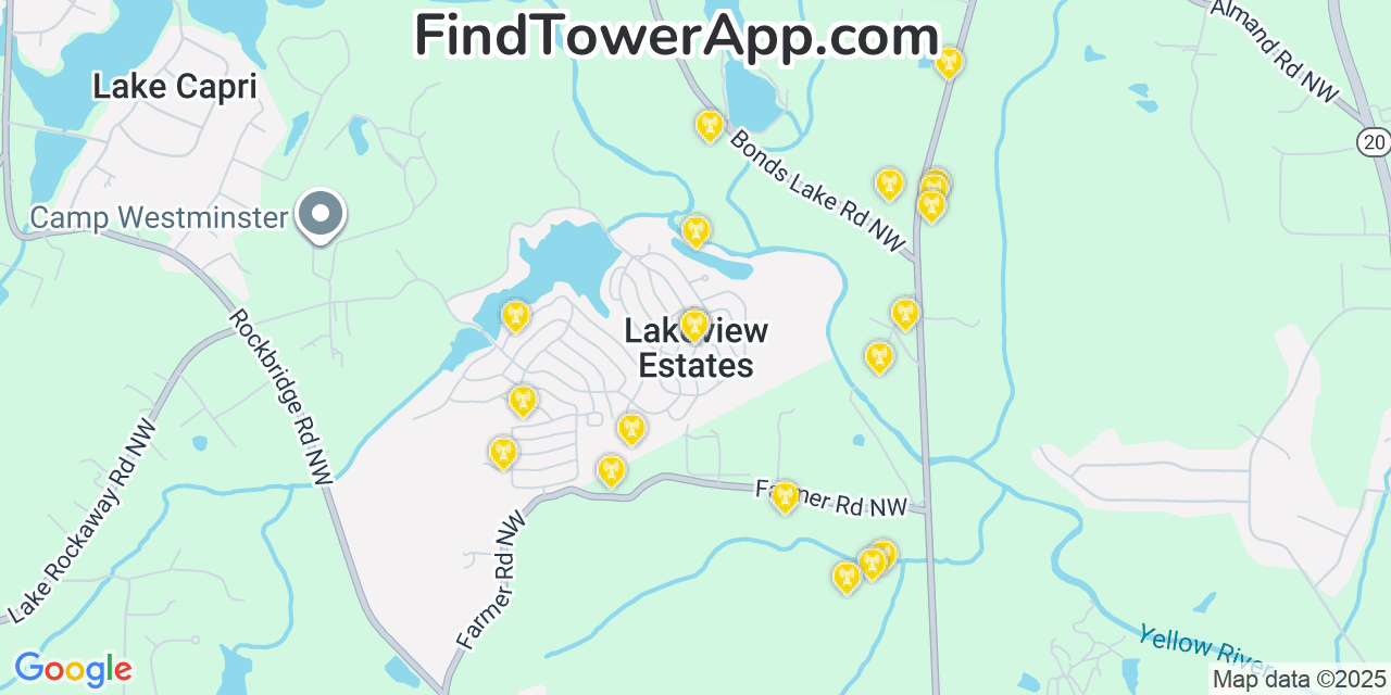 Map showing the 20 primary cell tower locations detected in Lakeview Estates, Georgia from AT&T, Verizon, and T-Mobile networks