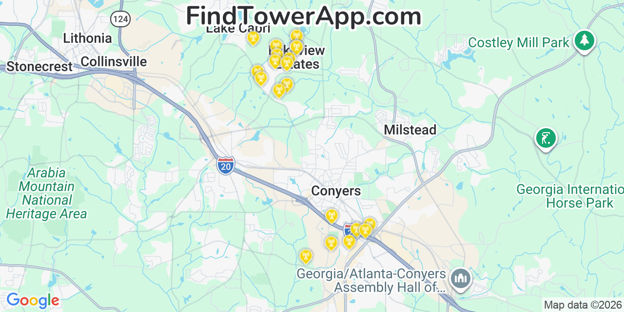 Map showing the 20 primary cell tower locations detected in Lakeview Estates, Georgia from AT&T, Verizon, and T-Mobile networks