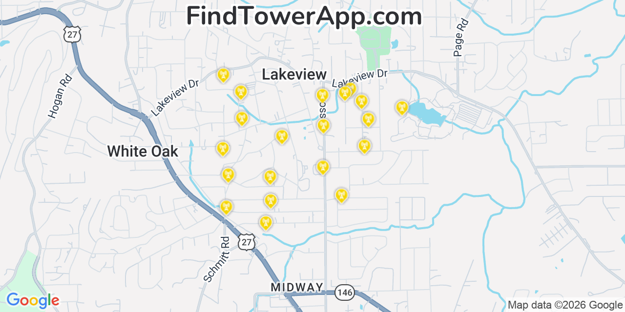 Map showing the 20 primary cell tower locations detected in Lakeview, Georgia from AT&T, Verizon, and T-Mobile networks