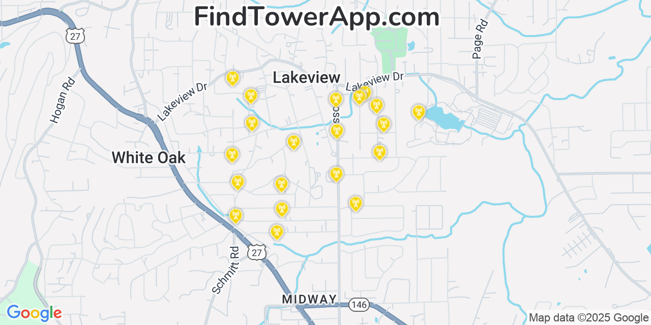 Map showing the 20 primary Mobitel cell tower locations detected in Lakeview, Georgia with coverage radius and signal strength indicators
