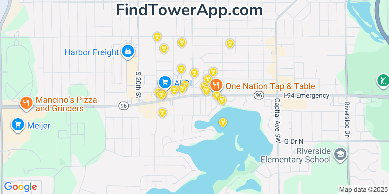 Map showing the 20 primary cell tower locations detected in Lakeview, Michigan from AT&T, Verizon, and T-Mobile networks