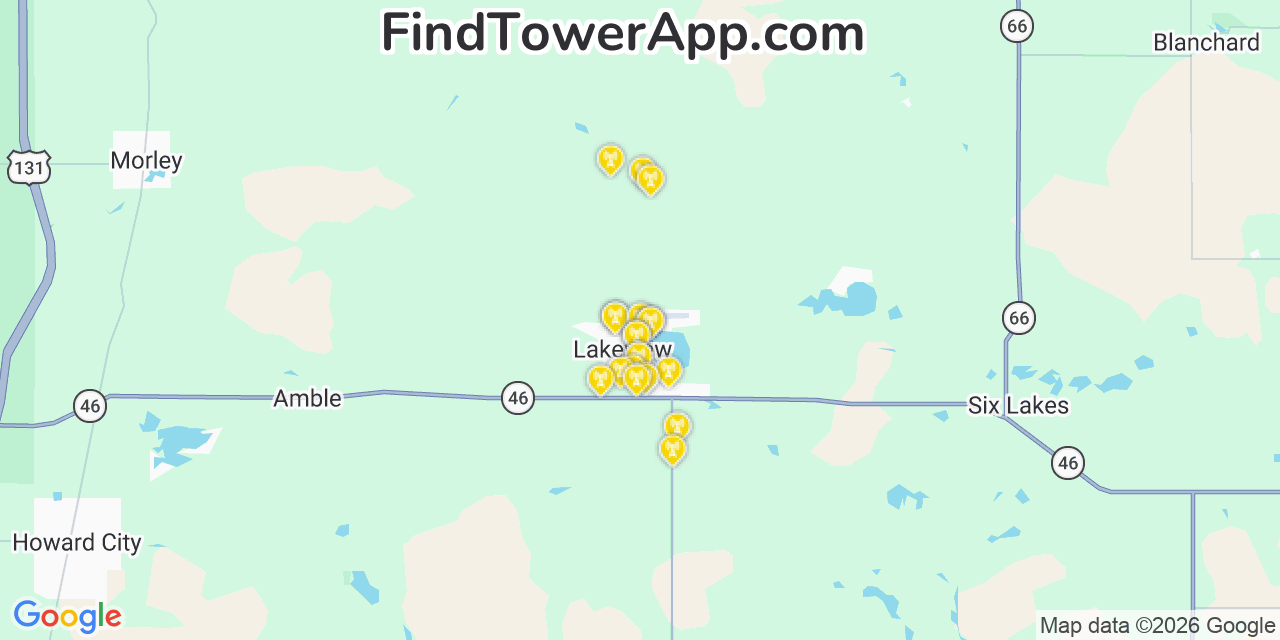 Map showing the 20 primary cell tower locations detected in Lakeview, Michigan from AT&T, Verizon, and T-Mobile networks
