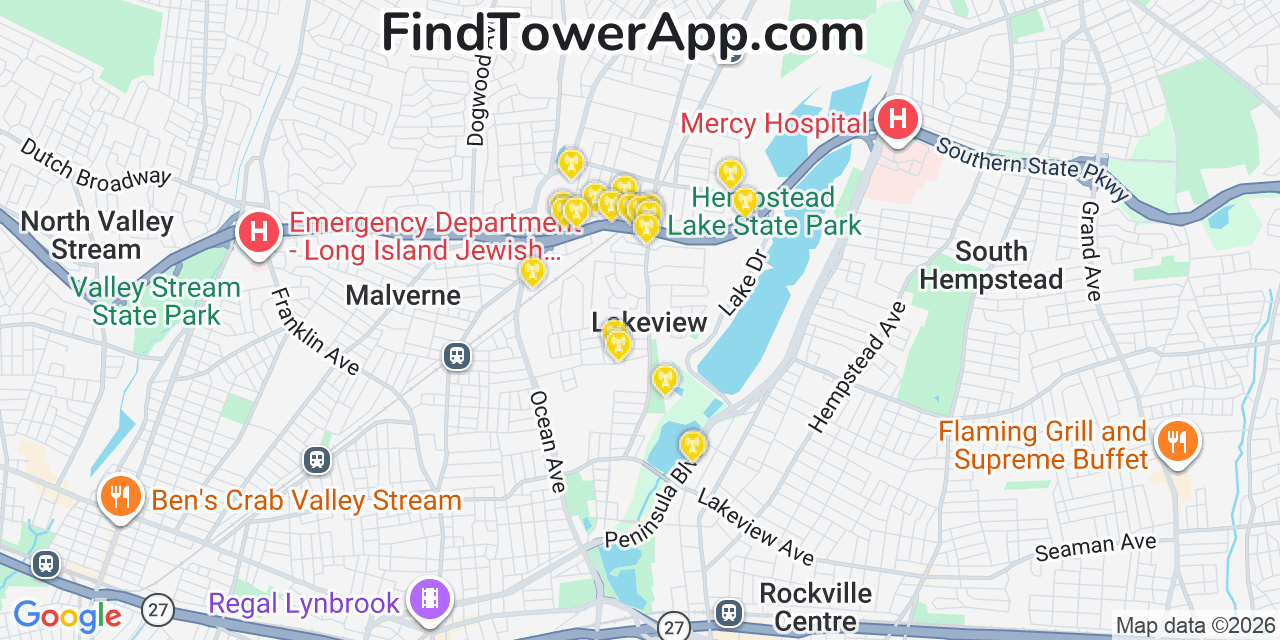 Map showing the 20 primary cell tower locations detected in Lakeview, New York from AT&T, Verizon, and T-Mobile networks