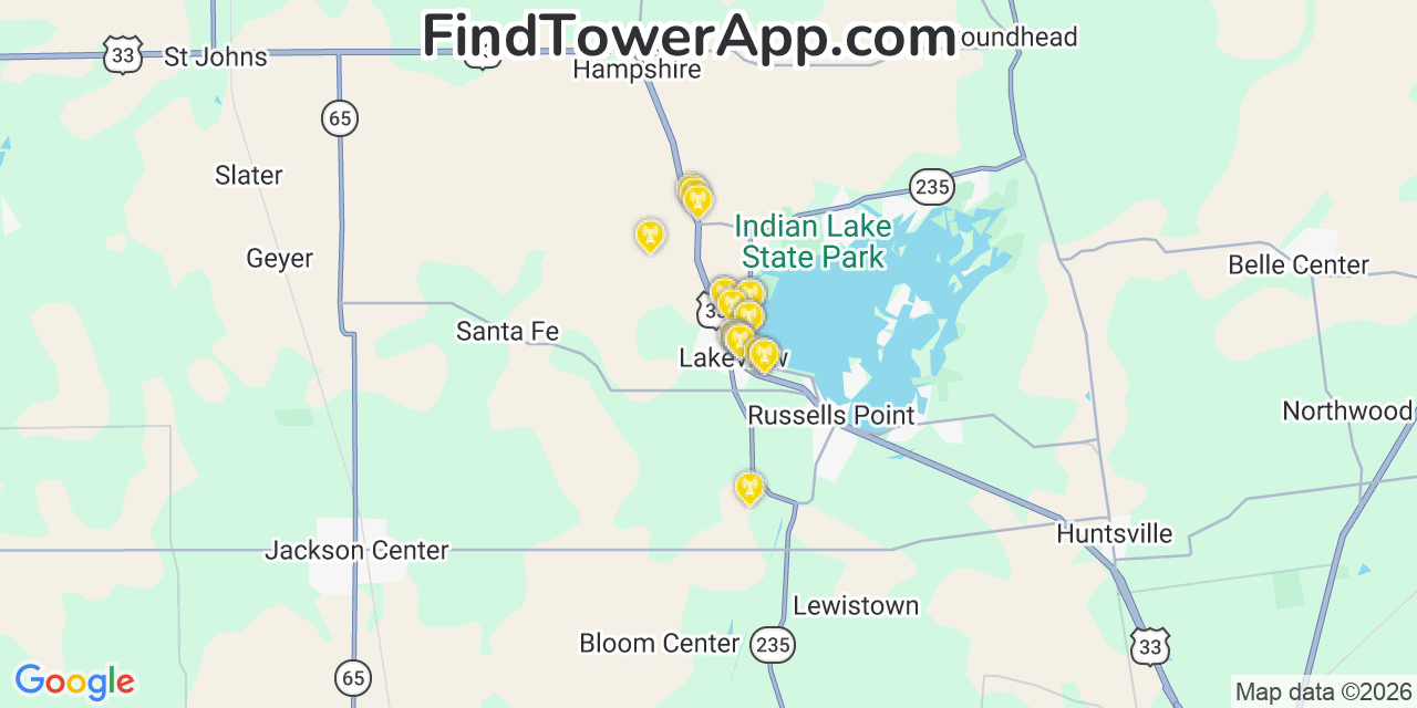 Map showing the 20 primary cell tower locations detected in Lakeview, Ohio from AT&T, Verizon, and T-Mobile networks