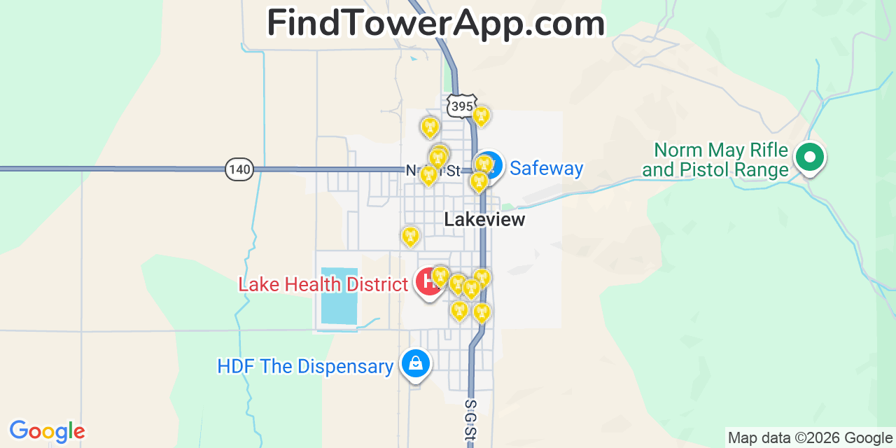 Map showing the 20 primary cell tower locations detected in Lakeview, Oregon from AT&T, Verizon, and T-Mobile networks