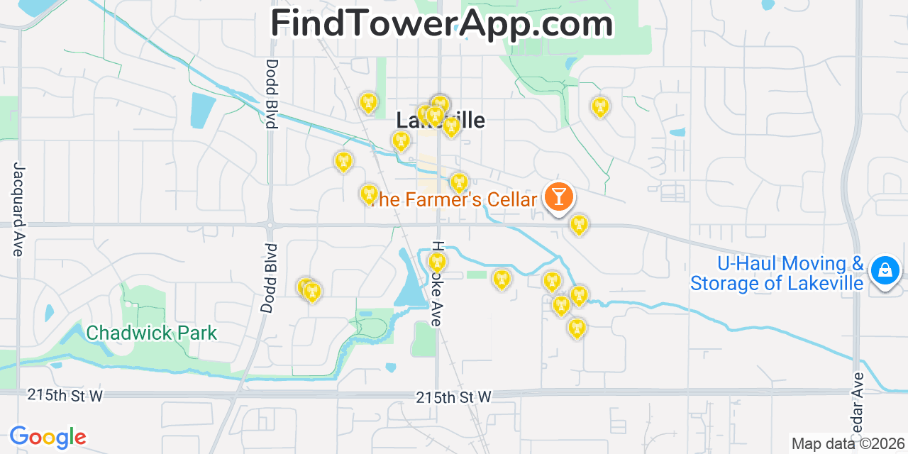 Map showing the 20 primary cell tower locations detected in Lakeville, Minnesota from AT&T, Verizon, and T-Mobile networks
