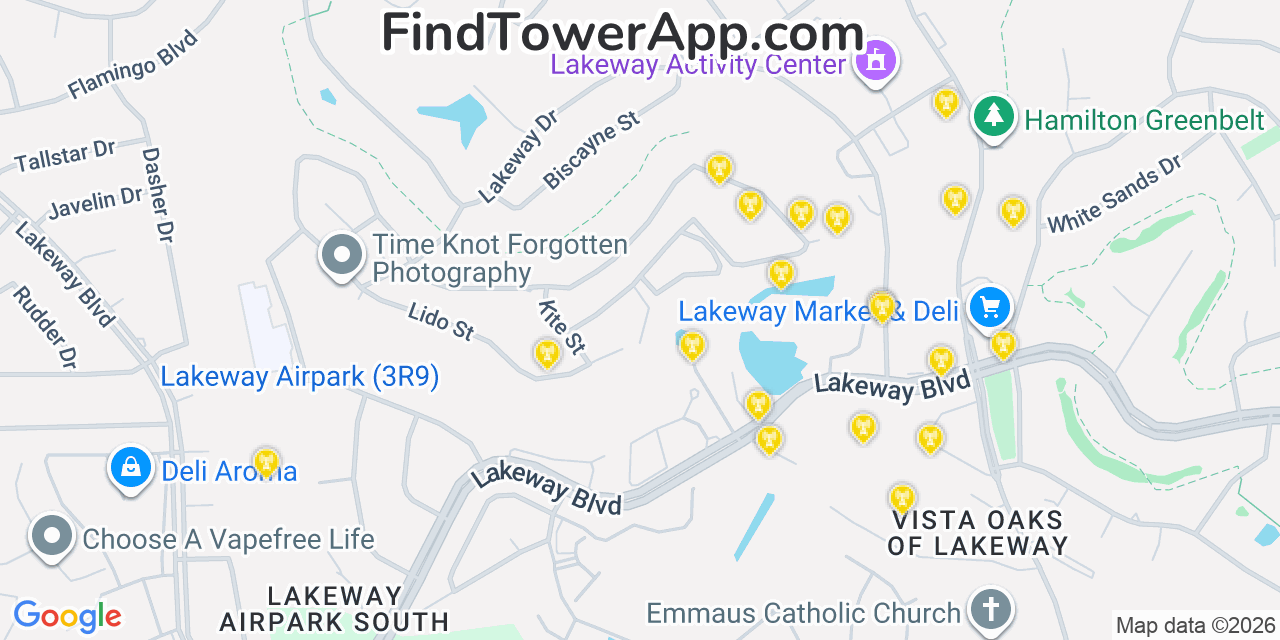 Map showing the 20 primary cell tower locations detected in Lakeway, Texas from AT&T, Verizon, and T-Mobile networks