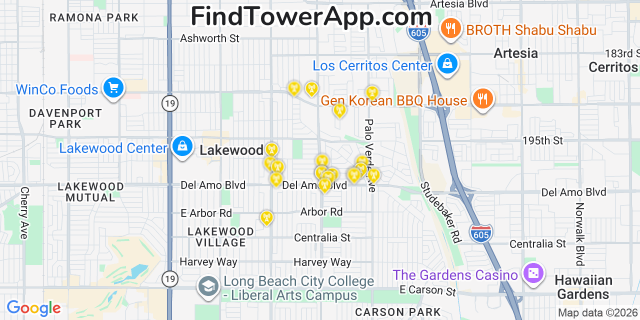 Map showing the 20 primary cell tower locations detected in Lakewood, California from AT&T, Verizon, and T-Mobile networks