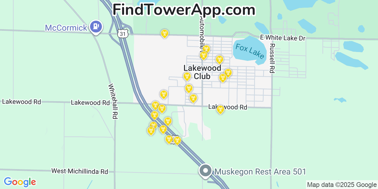Map showing the 20 primary cell tower locations detected in Lakewood Club, Michigan from AT&T, Verizon, and T-Mobile networks