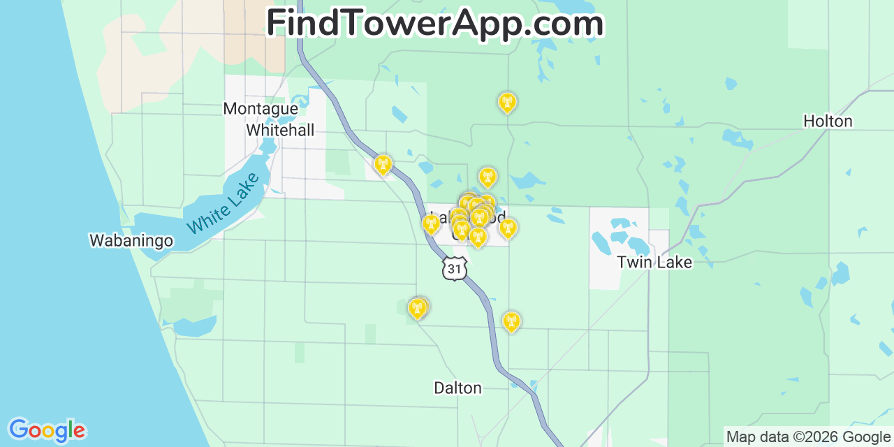 Map showing the 20 primary cell tower locations detected in Lakewood Club, Michigan from AT&T, Verizon, and T-Mobile networks