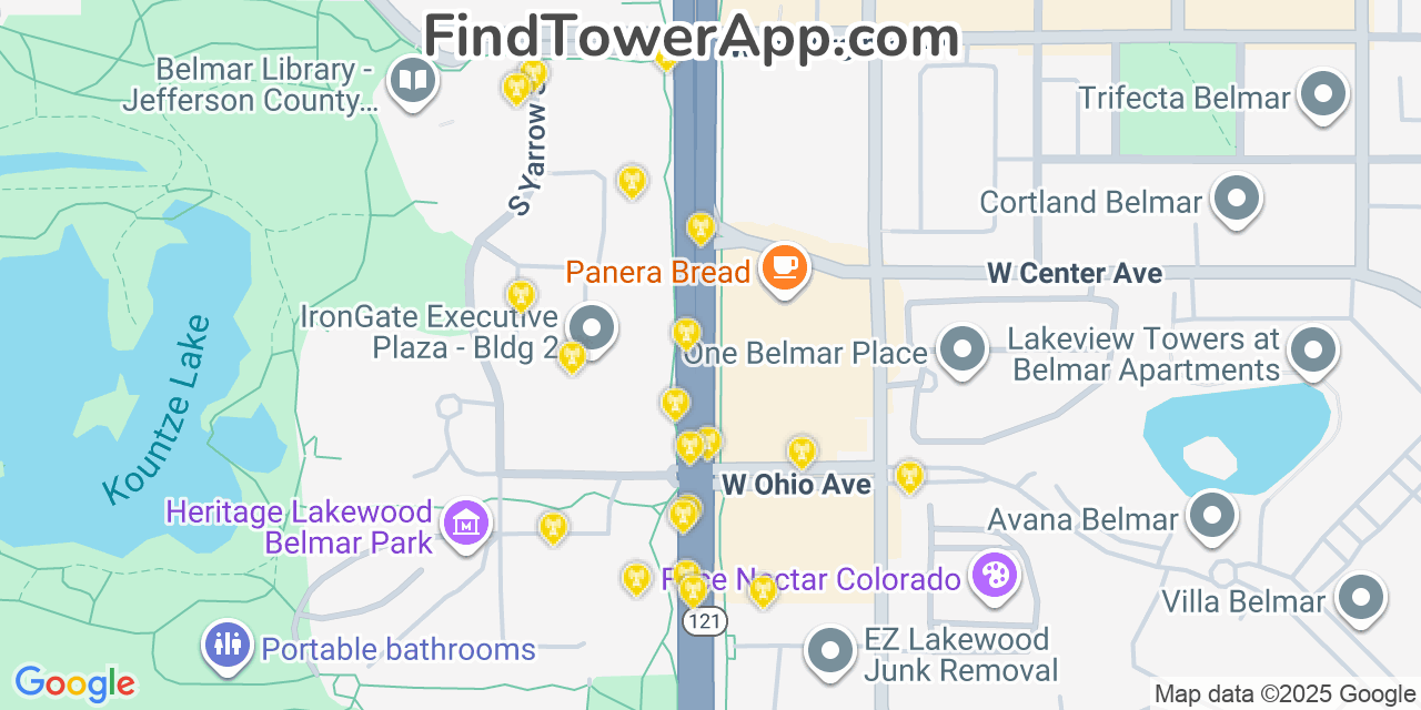 Map showing the 20 primary cell tower locations detected in Lakewood, Colorado from AT&T, Verizon, and T-Mobile networks