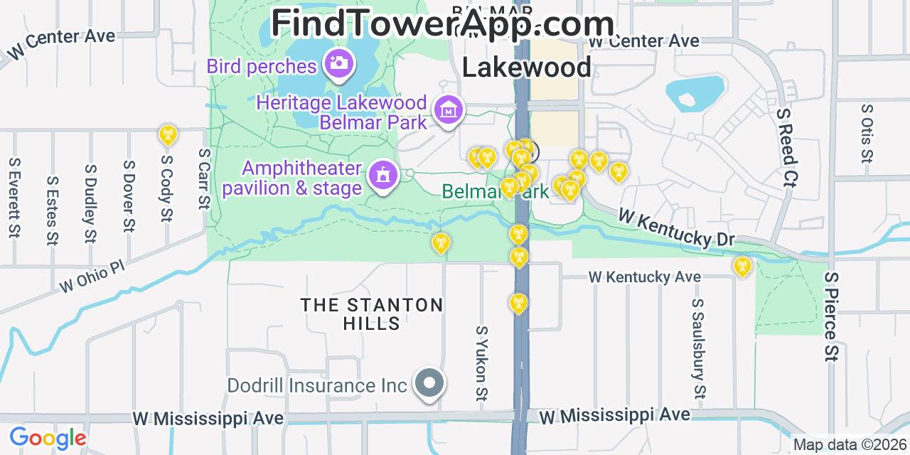 Map showing the 20 primary cell tower locations detected in Lakewood, Colorado from AT&T, Verizon, and T-Mobile networks
