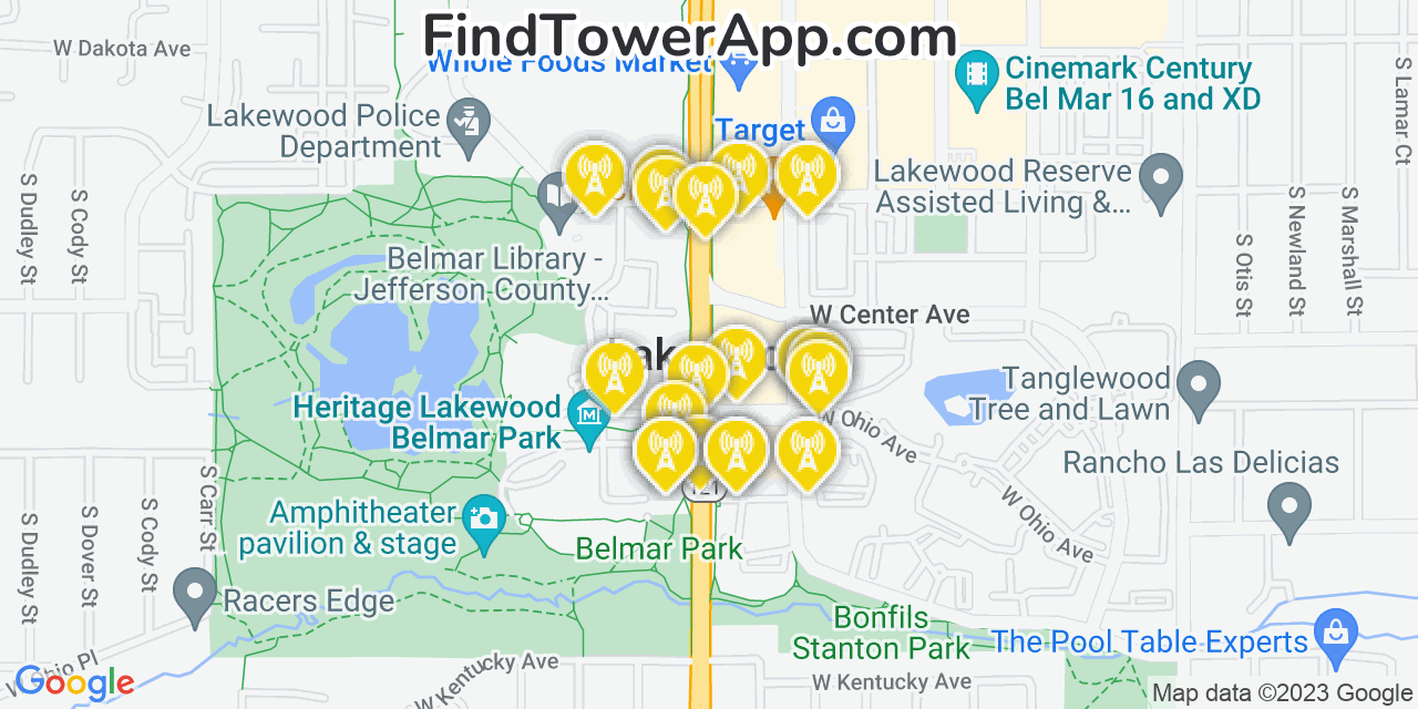 Verizon 4G/5G cell tower coverage map Lakewood, Colorado