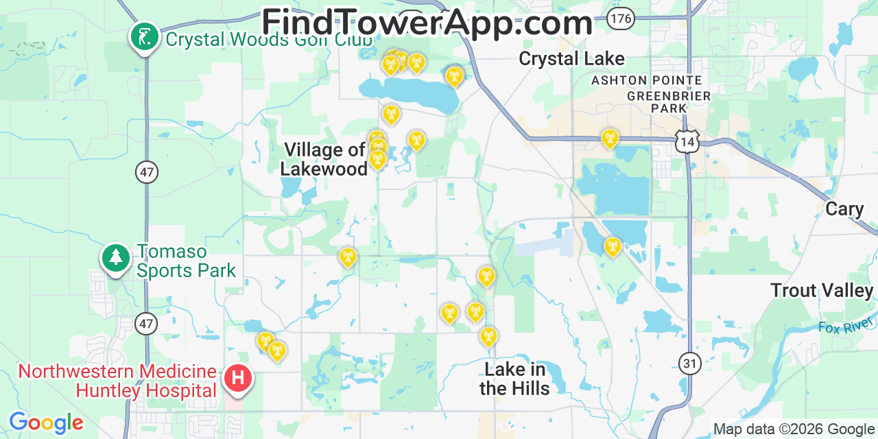 Map showing the 20 primary cell tower locations detected in Lakewood, Illinois from AT&T, Verizon, and T-Mobile networks